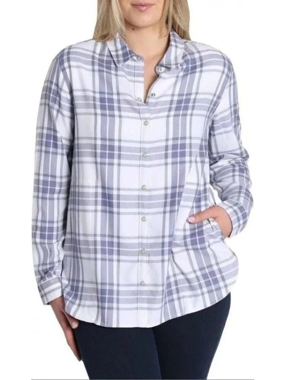 Jachs Girlfriend Women's M Blue & White Plaid Button-Up Shirt Rayon Blend F1146
